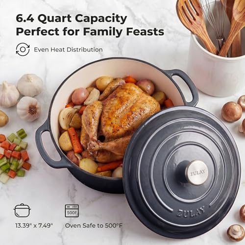 Image of Zulay Kitchen 6.4QT Enameled Cast Iron Dutch Oven Pot with Lid, Heavy-Duty Soup Pot for Stews, Braising, Roasting & Sourdough Bread Baking, Oven Safe up to 500F - Gray