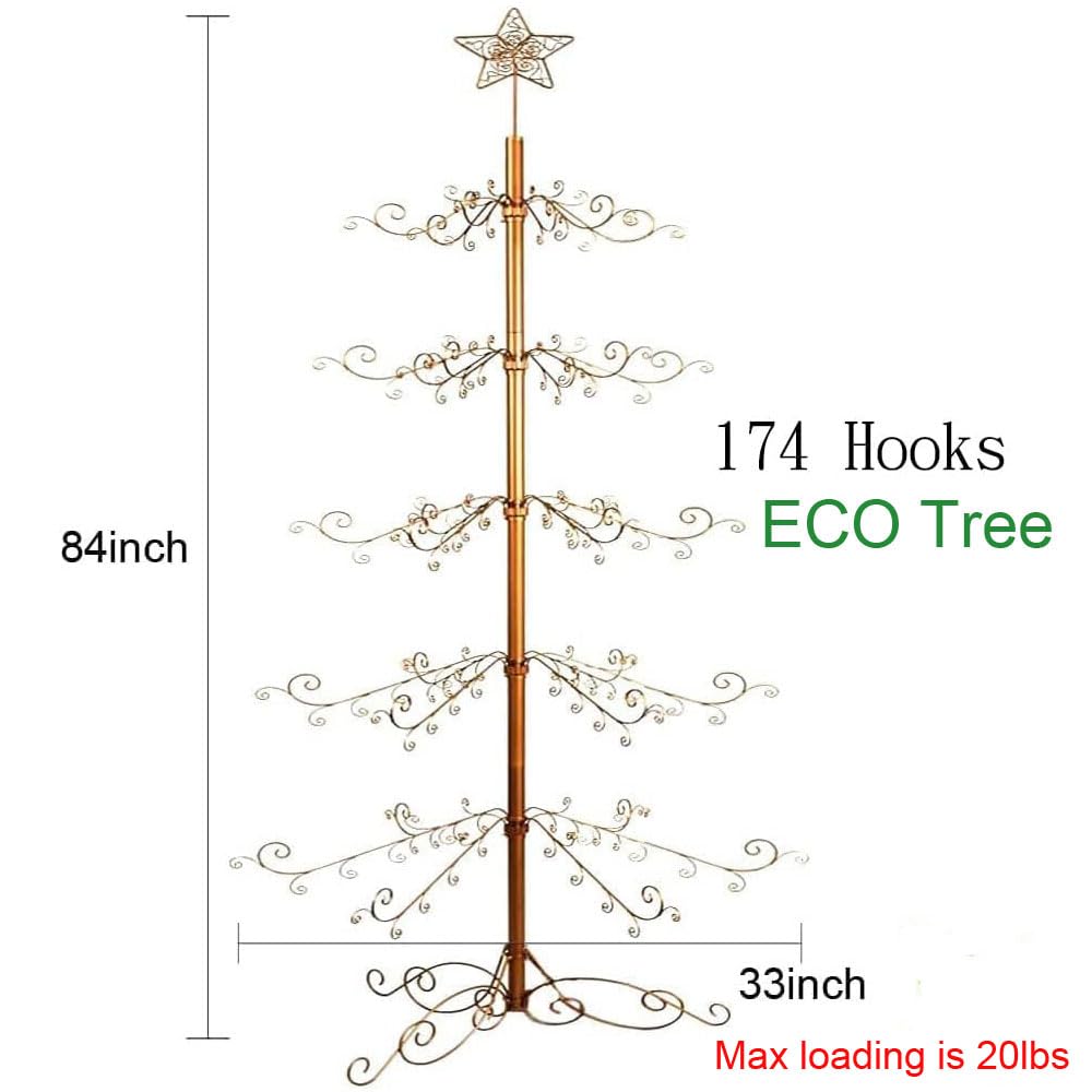 HOHIYA 7 Feet Wrought Iron Christmas Tree Metal Ornament Display Stand Holder Hanger Wire Hanging Spiral for Halloween Glass Balls Decorations Gift 174 Hooks Craft Gold