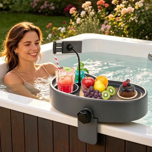 Hot Tub Table Tray with Adjustable Phone Holder Nonslip Bathtub Table Tray Between 2.4-7.4 Hot Tub Accessories for Adults with 2 Cup Holders Clip-on Pool Side Table for Above Ground Bathtub (Gray)