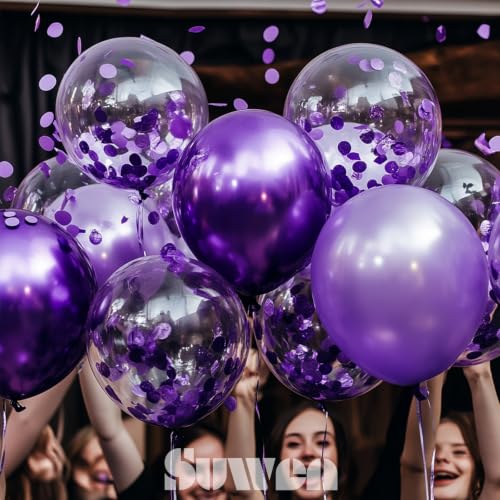 Image of SUWEN Purple Metallic and Confetti Balloons Set 47PCS Dark Purple Latex