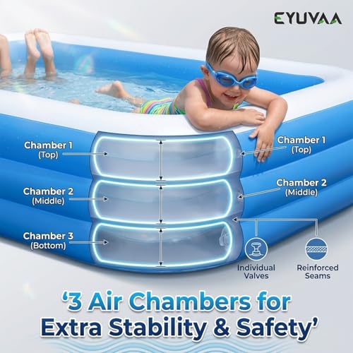 Image of EYUVAA LABEL Rectangular Inflatable Swimming Pool Bathtub, Soft Durable PVC Material, 3 Air Chambers, Electric Pump Compatible, Backyard Water Play, Outdoor Garden Summer Fun (10 Feet)