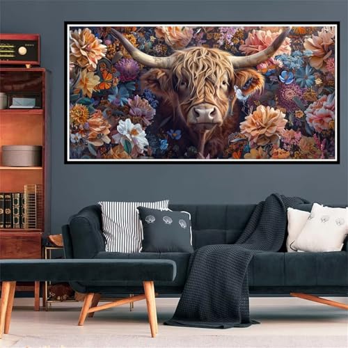 5D Diamond Painting Bestiame Dell'altopiano Diamond Painting Kit Completo Fiore Diamond Painting Grandi Dimensioni 100x300cm, Diamantini Crystal Art Bambini Painting for Wall Decor, Regalo Donna -1140