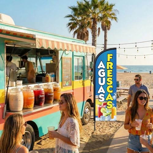 Image of Remagr 2 Pack Aguas Frescas Feather Flag 7 ft Advertising Swooper Flag Sign Windless Aguas Frescas Banner with Pole Kit and Ground Stake for Businesses Restaurants Outside Ground