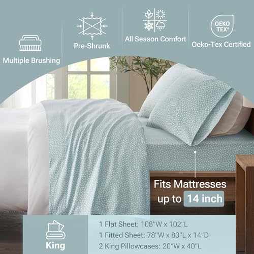 True North by Sleep Philosophy Cozy Flannel Warm 100% Cotton Sheet - Novelty Print Animals Stars Cute Ultra Soft Cold Weather Bedding Set, King, Aqua Dots 4 Piece