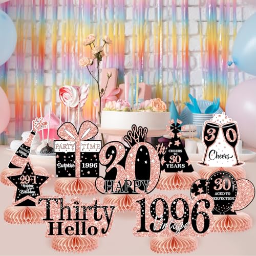 Image of 9Pcs 30th Birthday Decorations Honeycomb Centerpieces for Women, Rose Gold Pink Happy 30th Birthday Centerpieces Tables Toppers Party Decorations Supplies, Vintage 1996 Aged Table Sign Decor