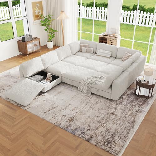 Image of Oversized Modular Sectional Chenille Sofa Bed with Hidden Storage, Comfy Modern 10 Seater Deep Seat Couch, Modular Sectional with Ottoman and Removable Cover for Living Room, Apartment, Beige