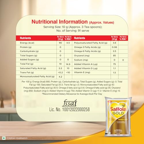 Image of Saffola Gold Refined Cooking oil | Power of 3 - Balance of Good Fats, Triple Anti-Oxidant System & Fortified with Vitamins | Multi-Source Edible Rice Bran & Corn Oil | 3 Litre Standee pouch