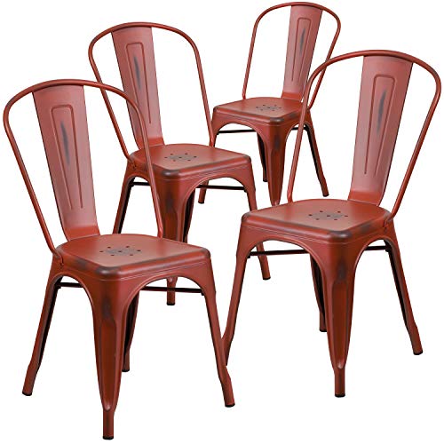 Flash Furniture Lot de 4 chaises en métal Vieilli Rouge