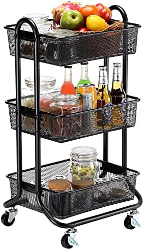 DESIGNA 3-Tier Rolling Utility Cart Storage Shelves Multifunction, Metal Mesh Baskets, Pantry Cart with Lockable Wheels, Black