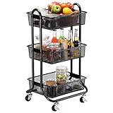 DESIGNA 3-Tier Metal Mesh Rolling Storage Cart with Utility Handle, Black