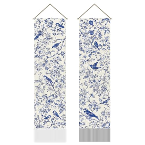 Tapisserie chinoise bleue et blanche lot de 2 suspensions murales en tissu avec pompons