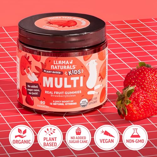 Image of Llama Naturals Kids Multivitamin Gummies | Real Fruit, No Added Sugar Cane | Organic Vegan Toddler Whole Food Vitamins | Vitamin D, C & Beta Carotene Gummy Supplement | Strawberry 90 Ct (1-2 Months)