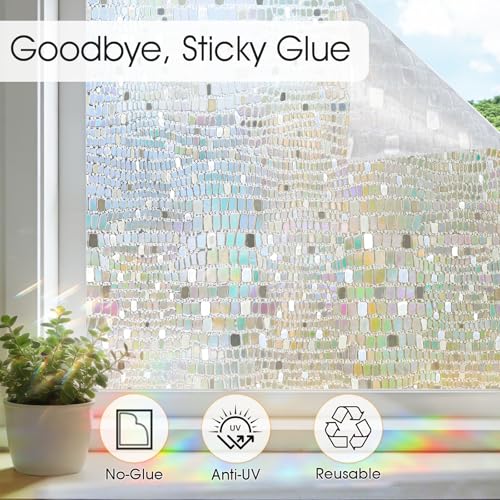 Image of Windimiley Rainbow Window Privacy Film, 3D Stained Glass Christmas Decorative Window Clings, UV Heat Blocking Holographic Prism Stickers for Home (23.6 x 394In,Pure)