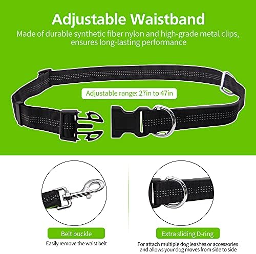 Hands Free Dog Lead for Running Walking Training Hiking, Dual-Handle Shock Absorbing Reflective Bungee, Adjustable Waist Belt and Pouch, Ideal for Medium to Large Dogs(Black/Green)