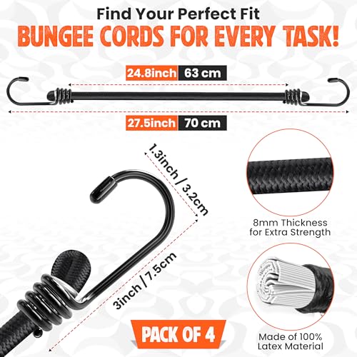 28\" Black Bungee Cords with Hooks, Heavy Duty Outdoor Bungee Straps, Weatherproof Strong Elastic Cords for Securing Tarp, Luggage, Tents, Bikes, Car Cargo or Garden Tie Downs (4 Pack)