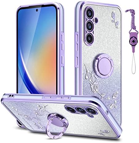 DHIMI for Samsung Galaxy A54 5G Luxury Flowers Floral Design Sparkle Cases,Diamond Kickstand Plating Glitter Phone Cover for Women Girls Samsung A54 5G 6.4 inch