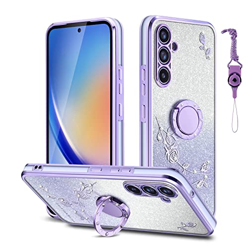 Dhimi For Samsung Galaxy A54 5G Luxury Flowers Floral Design Sparkle Cases,Diamond Kickstand Plating Glitter Phone Cover For Women Girls Samsung A54 5G 6.4 Inch #TOP1