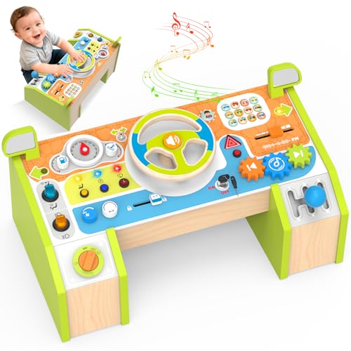 Yuyctwg Montessori Car Busy Board for Toddlers, Wooden Sensory Steering Wheel Activity Baby Toy with Lights, Buttons, Gears & Key Start, Kids Interactive Educational Toys for Boys Girls