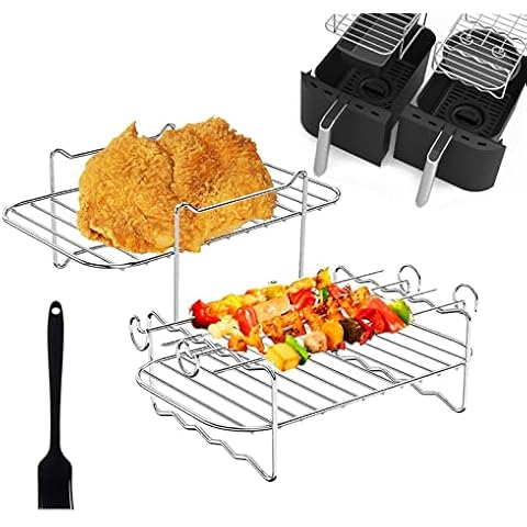 Air Fryer Rack, Editbar Stainless Steel Air Fryer Rack Stands, 304 Stainless Steel Double-Layer Dehydrator Rack Cooking Rack with Oil Brush, for Double Basket Air Fryers Ovens(Four Barbecue Sticks) Cover