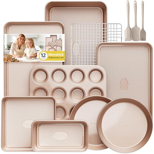 12-Piece Nonstick Bakeware Set with Baking Pan, Cake Pan, Muffin Pan, Loaf Pan, Square Pan, Roasting Pan, Cookie Pan, Cooling Rack & Utensils - Ceramic Coated Gold