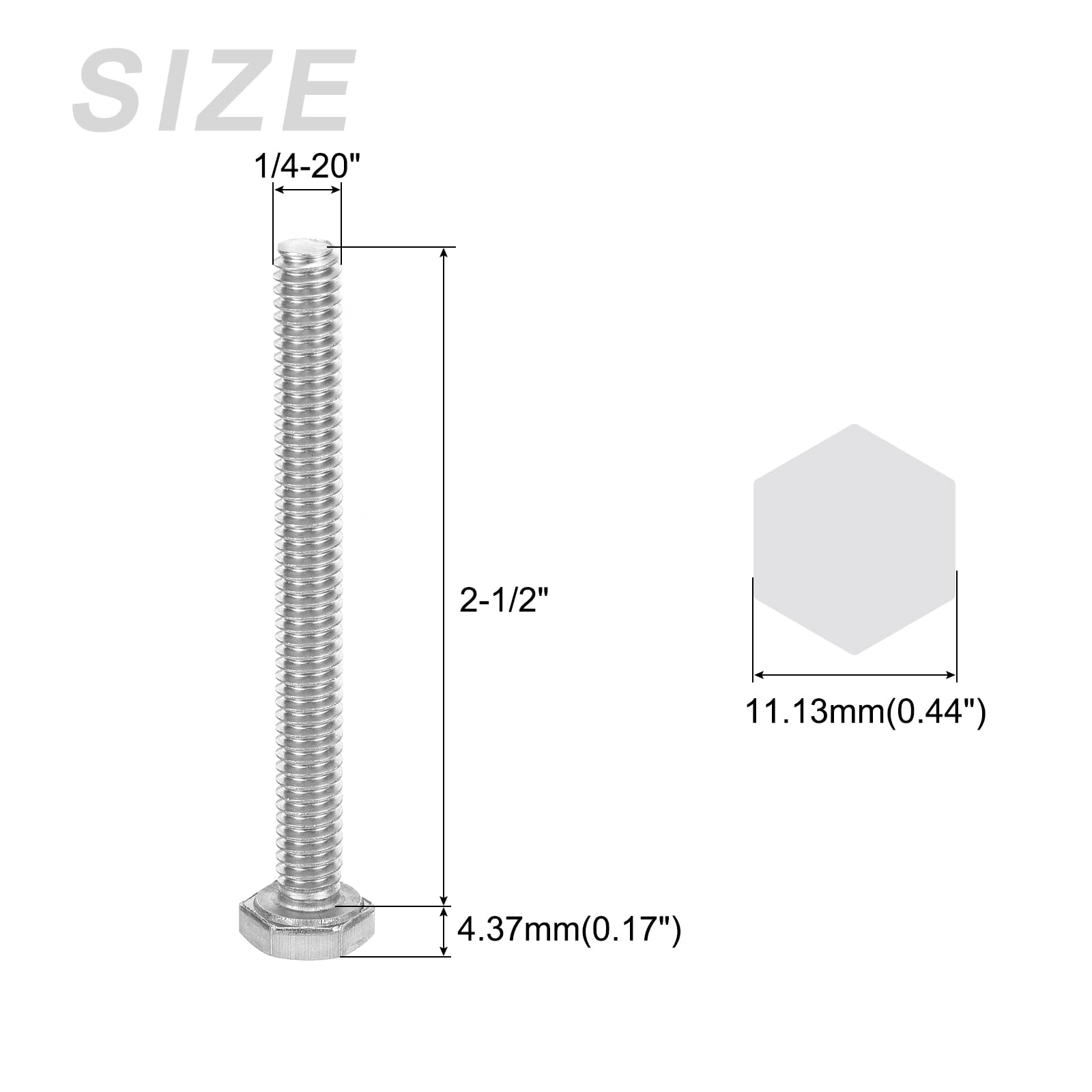 METALLIXITY Hex Head Screw Bolt (1/4-20x2-1/2") 20Pcs, 316 Stainless Steel, Fully Threaded, External Hex Drive, Bright Finish - Image 2