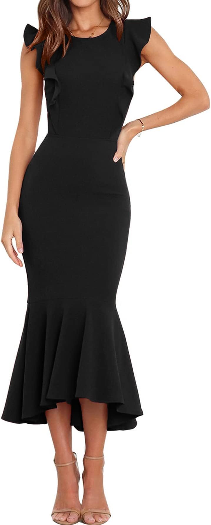 ABYOXI Women Ruffle Sleeve Formal Dresses Evening Party Cocktail Midi Dress Wedding Guest Midi Bodycon Fishtail Dresses, Black, S
