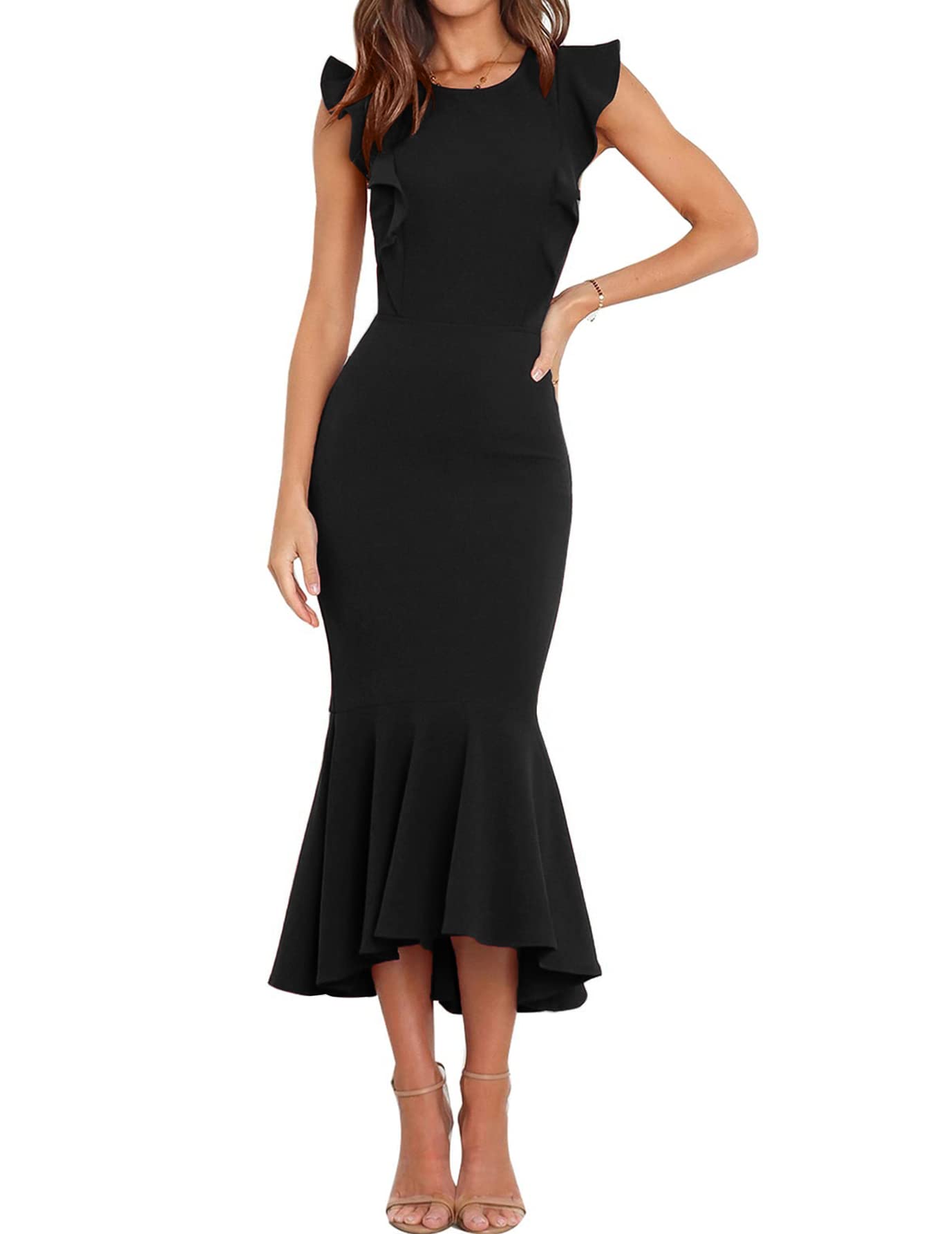 ABYOXI Women Ruffle Sleeve Formal Dresses Evening Party Cocktail Midi Dress Wedding Guest Midi Bodycon Fishtail Dresses, Black, S