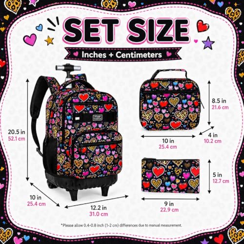 Image of 3Pcs Rolling Backpack for Girls, 19 Inche Women Roller Bag with Wheels for Adults, Wheeled Bookbag with Lunch Box(Brown)