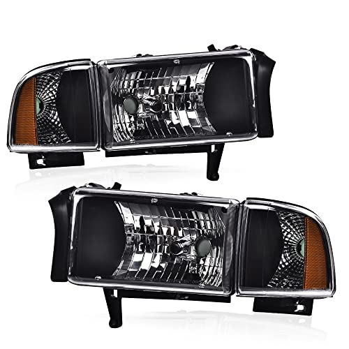 Image of GRAND ORANGE Headlights Assembly, Compatible with Dodge Ram 1500 2500 3500 1994 1995 1996 1997 1998 1999 2000 2001 2002 Black Housing Clear Corner Lamps（Clear lens Black Housing Amber Reflector）
