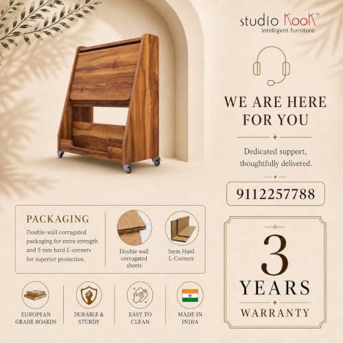 Image of Studio Kook Nora Folding Table (Study Table, Multipurpose Desk with Wheels, Engineered Wood, Matte Finish) (Amber Walnut)