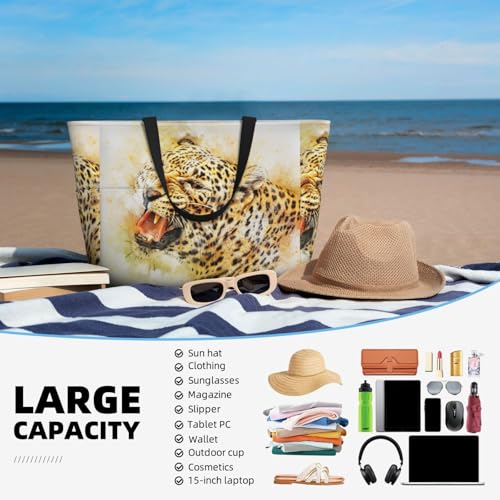 Roaring Leopard Print Large Capacity Beach Tote Bag for Women, Waterproof Beach Travel Bag4