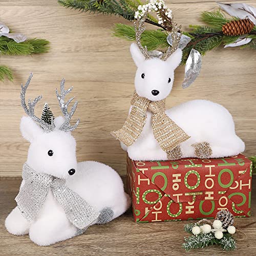 Lulu Home Christmas Tabletop Ornaments, Set Of 2 Flocking White Lying Reindeer Figurines With Glittered Antler And Feet, Xmas Holiday Winter Mantle Shelf Centerpieces Decoration, Golden & Silver #TOP5