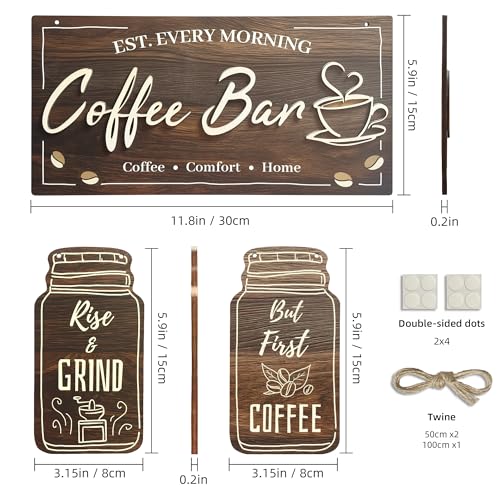 Image of 3 Piece Coffee Bar Decor Signs, Rustic Farmhouse Kitchen Wall Art with 3D Layered Wood Design, Themed Set for Coffee Station Accessories & Nook Decoration