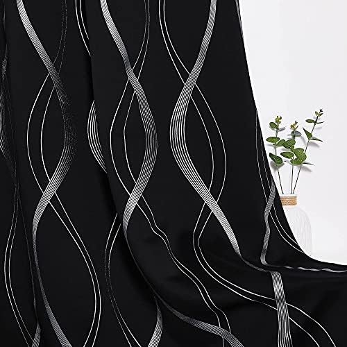 PONY DANCE Thermal Door Curtains Blackout - Foil Decorative Curtains Silver Wave Line Printed, 52 Inch Wide x 84 Inch Drop, Lightweight Kids Bedroom Curtains, Sold as Pair