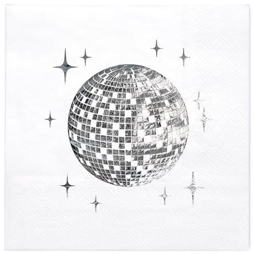 WRAPAHOLIC 50Pcs Silver Disco Ball Paper Napkins - 3-Ply Disco Rodeo Stylish Disposable Paper Napkins for 80s 90s Engagement Birthday Baby Shower Hip Hop Boogie Dance Favors - 6.5 x 6.5 In