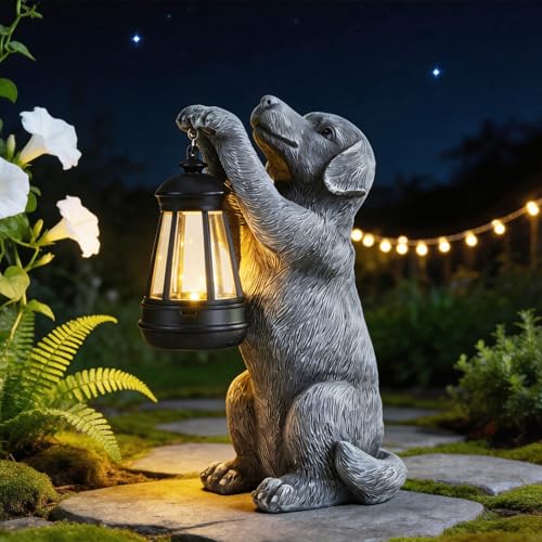 LXOUMEI Solar Dog Outdoor Statue with Lantern Garden Dog Figurines for Patio Lawn Yard Ornament Porch Balcony Decorations Birthday Gifts for Mom & Dog Lovers Dog Memorial Gifts