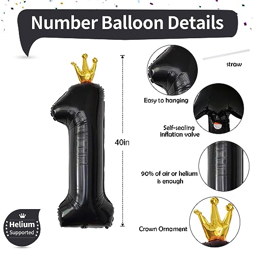 Image of Crown Black 1 Balloon Number for Girls 1st Birthday Party, 40 Inch Large Number Foil Helium Balloons 0-9, for Boys 25st Birthday Party Baby Shower Anniversary Party Decoration Supplies