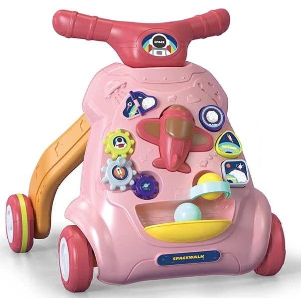 Goyal's Multi-Functional Sit-to-Stand Baby Walker with Music, Lights & Activity Center – Detachable Airplane, Rotating Gears, Shape Sorter, Ball Game, Adjustable Wheel Speed & Sand/Water Fillable Legs for Extra Stability (Pink)