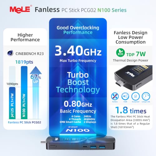 Image of MeLE Fanless Mini PC Stick PCG02 with Windows 11 Home,12th N100 4GB 128GB,Mini Desktop Computer Stick,Support 4K HDMI,PXE Unlocked Bios,Auto Power on Industry IoT Media Business Office Digital Signage