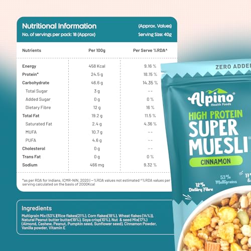 Image of ALPINO High Protein Super Muesli Cinnamon 750g - 0 Added Sugar, 53% Multigrain, 17% Nuts & Seeds - 24% Protein, Source of Dietary Fibre & Healthy Fats