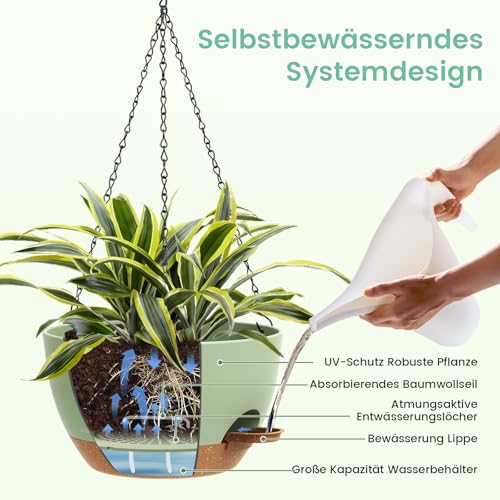 Homeuouz 25cm Selbstbewässernde Hängende Blumenampel 2er-Set – Blumentopf Hängend Innen & Außen, Hängeblumentöpfe mit Drainage für Balkon… – Ansicht 4