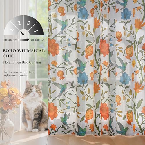 Image of JOOJA 54 Inch Boho Floral Curtains Tropical Bird Print Linen Semi Sheer Window Drapes for Kitchen, Bedroom, Bathroom, Living Room, Dining Room, White