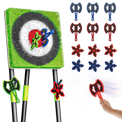 Axe Throwing Game for Backyard - 6 Throwing Axe & 6 Throwing Stars, Foldable Stand,Outdoor/Indoor for Kids & Adults &Families Yard Carnival Games, Green
