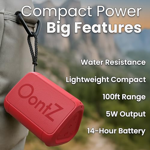 Image of OontZ Angle Solo Compact Bluetooth Speaker, 14-Hour Playtime, Red | Compact 5W Bluetooth speaker with clear sound, 100-ft range, IPX5, mic, AUX Input and USB-C Charging Cable.
