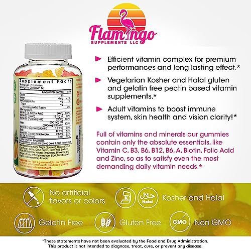 Flamingo Supplements Multivitamin Gummies | Vegan Friendly, Kosher Halal NO Gluten or Gelatin, no GMO| for Men, Women & Kids| 3 Natural Flavors | Vitamins C, B3, B12, Biotin, Zinc & More| 100 Gummies