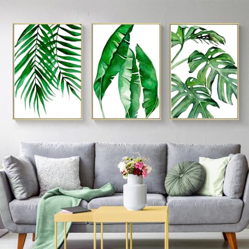 Impression sur toile décoration murale maison tableau feuilles tropicales aquarelle 3 pièces