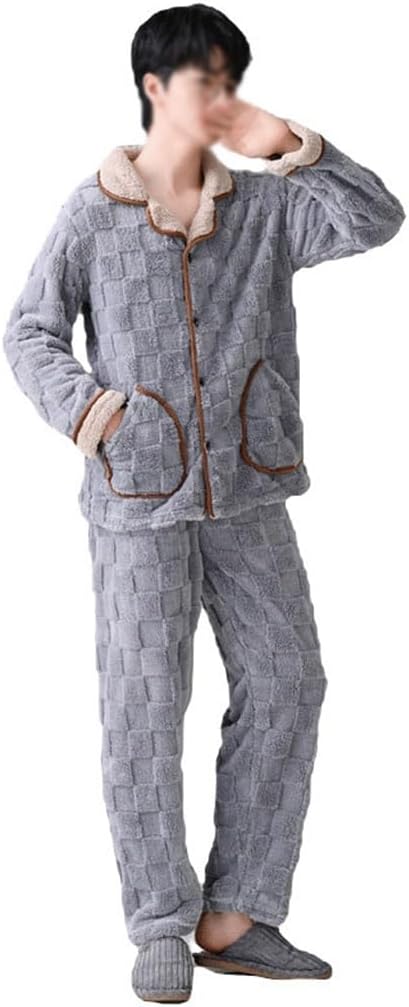 Fall and Winter Men's Pajamas Warm Coral Fleece Suit Facecloth Thick Lapel Cardigan