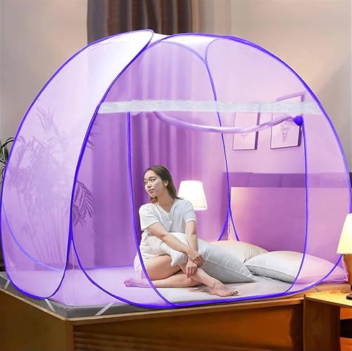 Image of Mosquito Net for Double Bed | King Size Foldable Machardani | Polyester 30GSM Strong Net |PVC Coated Corrosion Resistant Steel Wire - Blue (1, Purple)