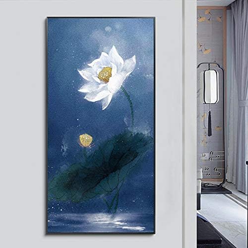Tangjuestj Large Traditional Chinese Painting Hand Painted Lotus at Night Painting Wall Art Landscape Oil Painting for Living Room Chinese Architecture Villa, 150X300Cm(60X120In)
