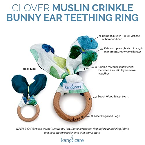Image of Kanga Care Baby Soft Muslin Sensory Crinkle Bunny Ear Wood Teething Ring - Clover Leaf